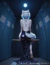 1girl ai_generated animal_ears ass back backless_dress backless_outfit bare_shoulders barefoot black_dress dress from_behind full_moon halterneck indoors locker median_furrow moon night nyx_x sensitive short_hair sitting solo tail white_hair