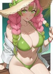 1girl :q at bare bikini blush border bow bracelet braid braids breasts cleavage closed clothes collarbone dango demon_slayer eye eyes food gradient green hair hat highleg holding kanroji_mitsuri kimetsu_no_yaiba large licking lips long looking mole mouth multicolored navel off open out pink shirt shoulder shoulders sitting smile solo stomach straw swimsuit thighs tongue twin two-tone under viewer wagashi white