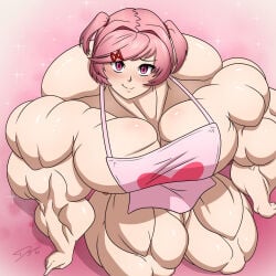 1girls alternate_version_available apron apron_only dagwam doki_doki_literature_club female hair hair_ornament hyper_muscles looking_at_viewer muscle_fetish muscles muscular muscular_arms muscular_female muscular_thighs natsuki_(doki_doki_literature_club) pink_eyes pink_hair smile thighs