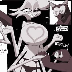 2boys angel_dust angel_dust_(hazbin_hotel) animated big_breasts breasts_bigger_than_head dracreloaded femboy gay gif hazbin_hotel huge_breasts male_with_breasts oc shaking_breasts