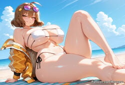1girl ai_generated anis_(nikke) anis_(sparkling_summer)_(nikke) big_breasts bikini brown_hair female goddess_of_victory:_nikke huge_breasts mature_female nikke revoaru swimsuit thick_thighs thighs