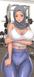 ai_assisted ai_generated arabian arabian_female big_breasts cleavage gym gym_clothes gym_clothing gym_uniform hijab hijabi leggings spandex tank_top tanned tanned_female tanned_skin