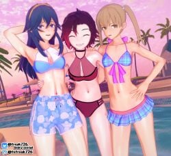 3d 3girls alternate_costume arm_around_another's_back arm_behind_head arm_up armpits artist_name ass_visible_through_thighs bare_arms bare_shoulders bare_thighs bikini_skirt black_choker black_hair blue_bikini blue_eyes blue_hair blue_swimsuit brand_of_the_exalt brown_hair choker cleavage closed_eyes collarbone dusk eastern_and_western_character fefreak726 female female_only fire_emblem fire_emblem_awakening gradient_hair green_eyes grin hand_on_another's_shoulder hand_on_another's_waist hand_on_own_hip light-skinned_female light_skin lucina_(fire_emblem) maka_albarn medium_breasts medium_hair multicolored_hair multiple_girls navel nintendo open_mouth outdoors palm_tree pool poolside red_bikini red_hair red_swimsuit ruby_rose rwby short_hair shoulders shy shy_smile small_breasts soul_calibur standing stomach swim_trunks symbol-shaped_pupils thighs tiara tree twintails