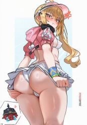 1girls ai_generated anger_vein angry ass bikini blonde_hair blush breasts dirresponsibly hat hoyoverse long_hair looking_at_viewer looking_back luciana_de_montefio medium_breasts midriff mihoyo pout skirt swimsuit thighs visor_cap zenless_zone_zero