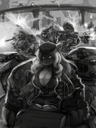 battlefield big_breasts breasts building canid cheese_quesadilla cleavage clothed clothing destruction explosion felid female foxboy83_(character) gatling_gun general-irrelevant group gun hair hat headgear headwear hi_res legwear littlenapoleon_(character) looking_at_viewer machine machine_gun mammal mecha military_cap military_uniform minigun ranged_weapon smile stockings uniform weapon