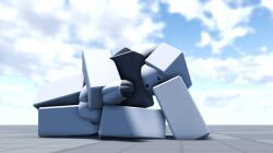 1boy 1girl 3d 3d_(artwork) background baseplate blocky_body clouds dominant dominant_female dummy_(roblox) expressions gray_skin gray_skinned_female gray_skinned_male holding_penis large_penis no_dialogue on_floor penis roblox roblox_studio robloxian testicles touching_head