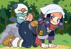1boy 1girls ai_assisted ai_generated akari_(pokemon) buttjob clothed dlewdedai oshawott pokemon pokemon_(species) pokemon_legends:_arceus size_difference small_but_hung smaller_male teasing