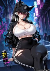 1girl ai_assisted ai_generated animal_ears atago_(azur_lane) azur_lane bangs baseball_cap black_hair black_pants blush breasts can cleavage crossed_legs curvaceous curvy curvy_female curvy_figure female hat huge_breasts jacket long_hair looking_at_viewer miyuai pants ponytail purple_eyes sitting smile thick thick_ass thick_butt thick_hips thick_legs thick_thighs thighs torn_clothes voluptuous voluptuous_female wide_hips wide_thighs