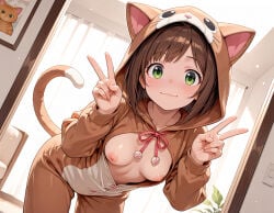 ai_generated blush breasts_out brown_hair closed_mouth double_v green_eyes hood_up idolmaster idolmaster_cinderella_girls kigurumi leaning_forward looking_at_viewer maekawa_miku milfhunter228 shiny_skin short_hair smile solo_female standing