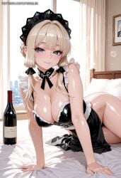 1girl ai_generated apron arm_support bangs bare_shoulders bed bed_sheet blonde_hair blue_eyes blush bottle breasts cleavage closed_mouth detached_collar dress hair_intakes hair_ribbon heart heart-shaped_pupils indoors large_breasts long_hair looking_at_viewer maid maid_headdress marvel_rivals on_bed renalia ribbon shiny shiny_skin sidelocks smile solo sue_storm symbol-shaped_pupils window