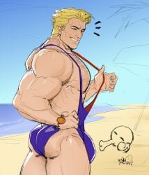ass bara beach big_ass blonde_hair bulge butt captain_america captain_america_(marvel_rivals) gay male male_only marvel marvel_rivals muscular muscular_male round_ass solo summer