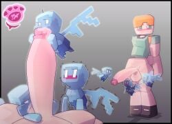 1futa 2026 3girls alex_(minecraft) allay_(minecraft) balls balls_deep blocky_body blowjob blush embarrassed female futa_on_female futanari green_eyes huge_cock just_the_tip looking_away looking_up_at_penis minecraft nervous oral oral_sex orange_hair penis_awe rippledvoice self_upload servicing servicing_from_below size_difference smaller_female sucking_balls sucking_penis suckling sweating under_penis
