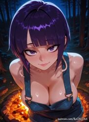 1girl 2026 ai_generated anime arms_behind_back bangs bare_shoulders blunt_bangs blush boku_no_hero_academia boobs breasts cleavage closed_mouth collarbone crossover eye_contact female female_focus fire flushed forest highres huge_breasts jirou_kyouka kyoka_jiro large_breasts leaning_forward lips looking_at_viewer my_hero_academia naked_overalls nature neutral_expression night night_sky nsfw outdoors overall_shorts overalls patreon patreon_username purple_eyes purple_hair rognezart short_hair smile smiling solo tree web_address