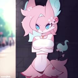 anthro anthro_female anthro_only big_ears blue_eyes boob_drop braixen breast_drop breasts breasts_out breasts_outside countershading embarrassed embarrassed_female furry furry_female furry_only irritated medium_breasts no_sound panties pink_body pink_fur pink_hair public public_nudity shirt_lift shirt_pull shorter_than_10_seconds shorter_than_30_seconds shorter_than_one_minute solo solo_female solo_focus ssnejikk tagme thin_waist thong video