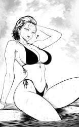 1girls armwear big_breasts bikini bikini_bottom bikini_top black_and_white black_bikini black_eyes black_hair bottomwear bracelet breasts cleavage ear_piercing earrings female female_only fubuki_(one-punch_man) hand_behind_head heart hearts high_resolution highres hips huge_breasts lips monochrome mostlybluewyatt one-punch_man smile solo solo_female swimwear topwear wet wet_body wet_skin