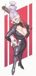 1girl ayase_seiko baseball_bat black_bodysuit bodysuit boobs breasts brown_eyes cleavage cleavage_cutout clothing_cutout covered_navel covered_nipples dandadan earrings female female_focus glasses hair_bun highres holding holding_bat hoop_earrings huge_breasts inkerton-kun inkuusan jewelry large_breasts looking_at_viewer parted_lips single_hair_bun skin_tight turbo_granny_(dandadan) white_hair