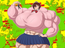 1boy 1girls abs ahoge ayase_momo bowtie breasts brown_hair dagwam dandadan earrings extreme_size_difference female giantess holding holding_person hyper hyper_muscles male massive_breasts muscle_fetish muscles muscular muscular_arms muscular_female muscular_thighs red_eyes six_pack size_difference smile takakura_ken_(okarun) thighs