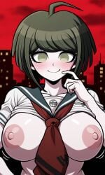 accurate_art_style ahoge ai_generated big_breasts big_tits danganronpa danganronpa_ultra_despair_girls embarrassed embarrassed_female exposed_breasts face_focus green_eyes green_hair naegi_komaru school_uniform schoolgirl serafuku short_hair sweatdrop