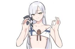 1girls bangs bare_shoulders between_breasts bikini bikini_top_lift black_ribbon blush breasts closed_mouth clothes_lift collarbone cropped_torso earrings finnish finnish_flag flag_bikini flag_print grey_hair hair_ornament hair_ribbon hands_up holding holding_clothes holding_swimsuit indie_virtual_youtuber jewelry karin_edelfelt lifted_by_self long_hair looking_at_viewer lyrinne medium_breasts retromantique ribbon simple_background smile smirk solo star_earrings swimsuit untied_bikini upper_body virtual_youtuber white_background white_bikini white_hair yellow_eyes