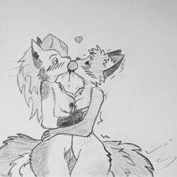 2girls anthro blowjob dildo duo female fox fox_ears fox_tail furry graphite_(artwork) hellaverse hellhound lesbian lesbian_kiss lesbian_sex loona_(helluva_boss) nipples pencil_(artwork) piercing sketch wolf