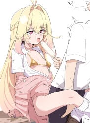 1boy 1girl antenna_hair bikini blonde_hair bottomless breasts clothes_down commentary_request cure_arcana_shadow donutman food gold_bikini hair_intakes hetero highres holding holding_food holding_popsicle jacket leg_lock meitantei_precure! moria_luluka open_clothes pink_jacket popsicle precure purple_eyes saliva saliva_trail sex shirt sidelocks small_breasts swimsuit t-shirt table tongue tongue_out vaginal