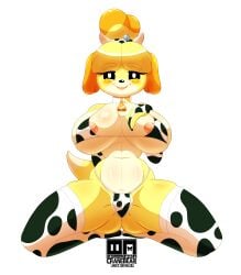 animal_crossing boobs cow_bikini cranebear cute_face cute_girl isabelle_(animal_crossing) nintendo pink_nipples self_upload sexy_body