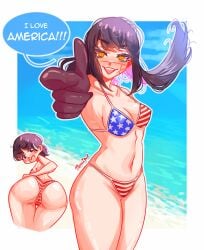 american_flag_bikini ass beach belly_button bikini breasts chainsaw_man looking_back midriff misslewd mitaka_asa text thick_thighs yoru_(chainsaw_man)