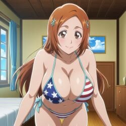 1girls 4th_of_july ai_generated american_flag_bikini bedroom bleach brown_eyes brown_hair inoue_orihime long_hair looking_at_viewer smile smiling smiling_at_viewer usa_bikini