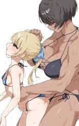 2girls age_difference blonde_hair blue_eyes blush breasts brown_hair commentary dark-skinned_female dark_skin dry_humping futa_with_female futanari height_difference highres humping implied_futanari kei_(m_k) large_breasts long_hair m_k multiple_girls original rika_(m_k) short_hair simple_background size_difference sweat swimsuit tall_female tan tomboy
