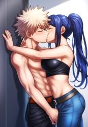 1boy1girl abs ai_generated anime anime_boy anime_girl babe bakugou_katsuki beautiful belt big_breasts blonde blue_hair blue_ponytail crossover crossover_kiss deep_kissing fantasy hot idol indoors jeans jnbu love_live! matsuura_kanan midriff muscular_male my_hero_academia passionate sexy spiky_hair stable_diffusion topless wall