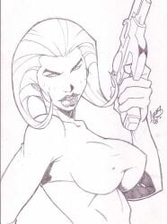 1girls 2005 aeon_flux aeon_flux_(series) artoflucas big_breasts breasts female gun lucas_ackerman nipple_bulge solo traditional_media_(artwork)
