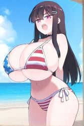 ai_generated beach bikini black_hair female female_only huge_breasts long_hair nozomi_(akitokage01) schoolgirl tsundere