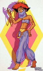 barefoot belly_dancer belly_dancer_outfit blue_outfit cameltoe dark-skinned_female dark_skin edward_wong_hau_pepelu_tivrusky_iv gold_jewelry hand_on_hip harem harem_outfit pose red_hair see-through see-through_clothes see-through_clothing skajrzombie skinny small_breasts smiling smiling_at_viewer tomboy yellow_eyes