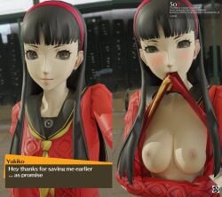 amagi_yukiko black_hair blushing boobs boobs_out breasts breasts_out brown_eyes flashing_boobs flashing_breasts flashing_tits gamesso8 looking_at_viewer persona persona_4 pink_areola pink_nipples red_hairband shirt shirt_up so8 speech_box split_screen text tits tits_out