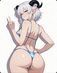 ai-created ai_art ai_female ai_generated argentina argentine_flag argentinian argentinian_female ass ass_focus big_ass big_butt bikini blue_eyes breasts butt dragon_girl hip_grab hips horns mialygosa middle_finger mischievous_smile pointy_ears smiling_at_viewer string_bikini vtuber white_hair