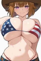 ai_assisted ai_generated american_flag_bikini bikini brown_hair covered_nipples cowboy_hat girls'_frontline grizzly_mkv_(girls'_frontline) huge_breasts kao140522 purple_eyes