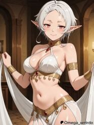1girl ai_generated big_breasts blushing dancer dancer_outfit earrings elf elf_ears elf_female harem_outfit indoors looking_at_viewer midriff mushoku_tensei omega_weirdo patreon red_eyes seductive seductive_pose short_hair showing_off silver_hair smile smiling smiling_at_viewer solo solo_focus sylphiette_(mushoku_tensei)
