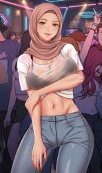ai_assisted ai_generated belly bra_visible_through_clothes crop_top dancing hijab hijabi jeans sheer_clothing