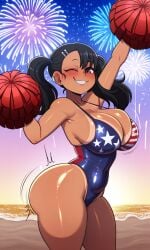 4th_of_july ai_generated armpits asian_female beach beach_background big_breasts big_butt black_hair blush brown_eyes bubble_butt cheering cleavage cleavage_overflow cute dark-skinned_female fireworks flag_bikini flag_print hayase_nagatoro hi_res high_resolution large_breasts motion_lines navel_visible_through_clothes ocean one-piece_swimsuit pigtails please_don't_bully_me,_nagatoro pom_pom_(cheerleading) pom_poms round_ass shiny_skin smile sunset swimsuit tan_skin tanline thicc thick_ass thick_thighs wide_hips wink