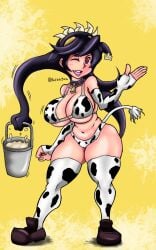 1girls 2d artist_request artist_signature bikini bucket cow_girl cowbell elbow_gloves female filia_(skullgirls) hucow milf milk navel samson_(skullgirls) skullgirls tagme thick_thighs thighhighs thighs