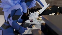 16:9 3d_(artwork) 4k absurd_res angry anthro anthro_on_feral baito bestiality big_penis black_body black_fur blender_(artwork) blue_body blue_fur bodily_fluids canid canine canis cum cum_drip cum_in_nose cum_inside dakota_(baito) darius_(baito) digital_media_(artwork) domestic_dog dripping feral fur genital_fluids genitals glaring_at_another gold_(metal) group hand_under_chin hi_res kyuulin leaking_cum male mammal oral oral_penetration penetration penis trio vulper white_body white_fur widescreen