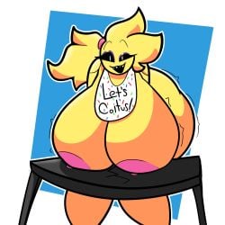 1girls animatronic big_breasts black_sclera breasts chicken fat female five_nights_at_freddy's five_nights_at_freddy's_2 hyper hyper_breasts robot scottgames sharp_teeth simple_background toy_chica_(fnaf) yellow_skin zantanerz_(artist)