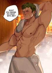 1boy abs after_bath artist_request bara bara_body bara_tiddies bara_tits barazoku bathroom beefy biceps bigger_male broad_shoulders chad collarbone defined_jawline defined_muscles english_text frown frowning gay green_hair hairless half-dressed half_naked half_nude hand_behind_head hi_res hunk imminent_sex japanese_male looking_at_viewer male male_focus male_only manly masculine masculine_male muscles muscular muscular_male no_visible_genitalia no_visible_penis one_piece pecs pectorals pirate post-timeskip roronoa_zoro scar scar_across_eye scar_on_chest scar_on_face scars six_pack solo solo_focus solo_male steam tall_male taller_male text text_bubble tough_guy towel towel_around_neck towel_around_waist towel_only triceps water yaoi