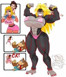 2anthro 2girls abs anthro banana banana_hair big_breasts bikini bikini_bottom bikini_top black_fur black_undershirt blonde_hair blue_eyeshadow breast_expansion brown_fur brown_hair candy_kong cleavage clothed clothed_female clothing donkey_kong donkey_kong_(character) donkey_kong_(series) donkey_kong_bananza eating eating_banana eating_food english english_text eyes_popping_out eyeshadow female freckles freckles_on_face fur holding_banana huge_breasts human laying_on_back light-skinned_female light_skin light_skinned_female lipstick long_hair make_up makeup medium_hair midriff monkey monkey_girl muscular muscular_anthro muscular_arms muscular_female muscular_legs muscular_thighs nail_polish necklace overalls overalls_only pants pauline pauline_(mario) pink_bikini pink_bikini_bottom pink_bikini_top pink_eyeshadow pink_shirt pink_shorts red_lips red_lipstick red_nail_polish red_nails red_shirt red_tie red_toenail_polish red_toenails shocked shocked_expression shocked_eyes shocked_face shorts sideboob sitting_on_shoulders smile smiley_face smiling text text_on_clothing tie toenail_polish transformation underboob undershirt urusee584 yellow_eyes