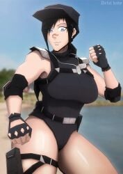 1girls aura aura_(character) bandage_on_nose beach beach_background belt black_hair blue_eyes defal_hady_(artist) fighter fingerless_gloves long_hair looking_at_viewer oc one_piece_suit original original_character scar_on_face scar_on_nose shoulder_armor shoulder_pads thick_thighs tied_hair younger_female