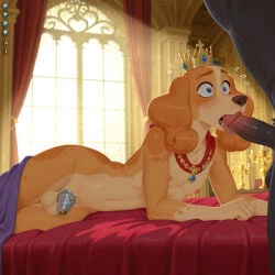 ai_generated anthro bed bedroom belfort_(belfort_and_lupin) belfort_and_lupin blowjob blue_eyes canine cute cute_male dog femboy france furry gay hydrai jewelry lupin_(belfort_and_lupin) male male/male male_only necklace oral oral_sex orange_fur palace royalty white_fur