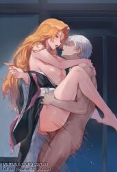 1boy 1girl 2026 after_kiss ai_generated barefoot black_kimono bleach blue_eyes blush breasts breasts_out clothed_female_nude_male clothed_sex faceless faceless_male hetero highres indoors japanese_clothes kimono large_breasts lifting_person long_hair looking_at_another matsumoto_rangiku mole mole_under_mouth motion_lines nipples nsfw nude open_mouth orange_hair penis saliva saliva_trail serain sex short_hair standing suspended_congress tongue tongue_out uncensored vaginal white_hair