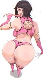 1girls arm_strap ass ass_focus back back_view backboob big_ass black_hair breasts female female_only hair heart hearts hearts_around_head hips holding_object holding_tongue holding_weapon huge_ass hzujustin legwear long_tongue looking_back mileena mortal_kombat open_mouth pink_thighhighs revealing_clothes sai_(weapon) sharp_teeth short_hair skimpy skimpy_clothes solo solo_female sweat sweatdrop teeth teeth_showing thighhighs thighs tongue tongue_out weapon white_background yellow_eyes