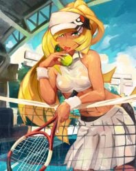 :p blonde_hair blush breasts crop_top female green_eyes hat khyleri licking_lips long_hair looking_at_viewer lusamine_(pokemon) midriff milf pokemon pokemon_sm ponytail seductive see-through skirt small_breasts smile sweat tan tennis_ball tennis_racket tennis_uniform tongue tongue_out very_long_hair visor_cap