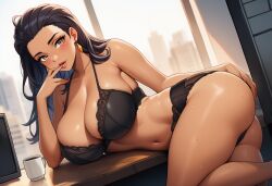 ai_generated big_breasts black_hair office_lady original_character tanned_skin underwear